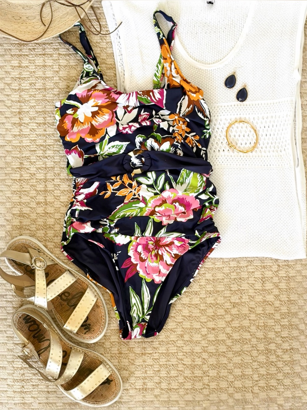 Anne Cole Ring Belt Scoop One Piece Swimsuit Floral Navy Size 10